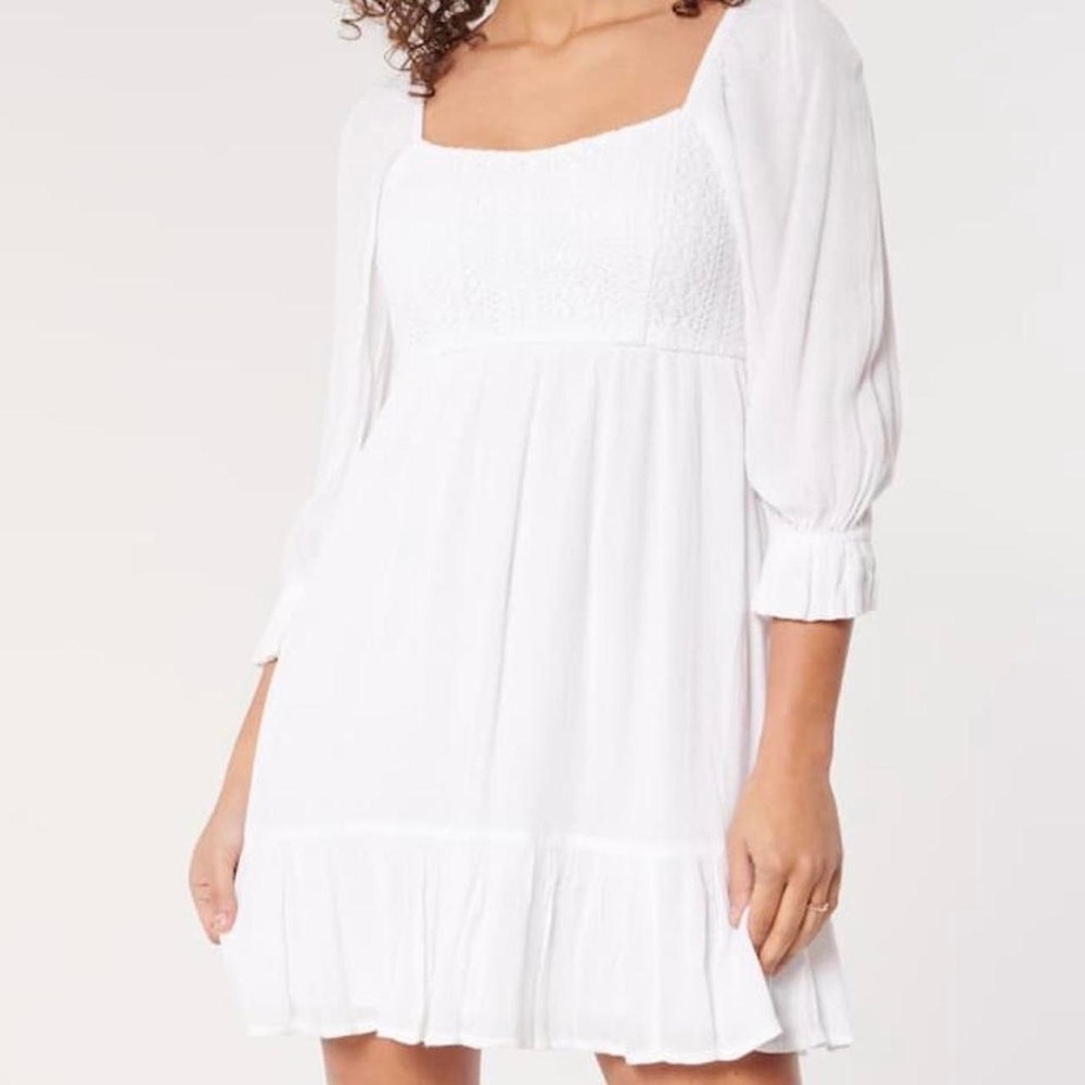 Hollister Smocked Crochet 3/4 Sleeve Bohemian Mini Day Dress | White | Large